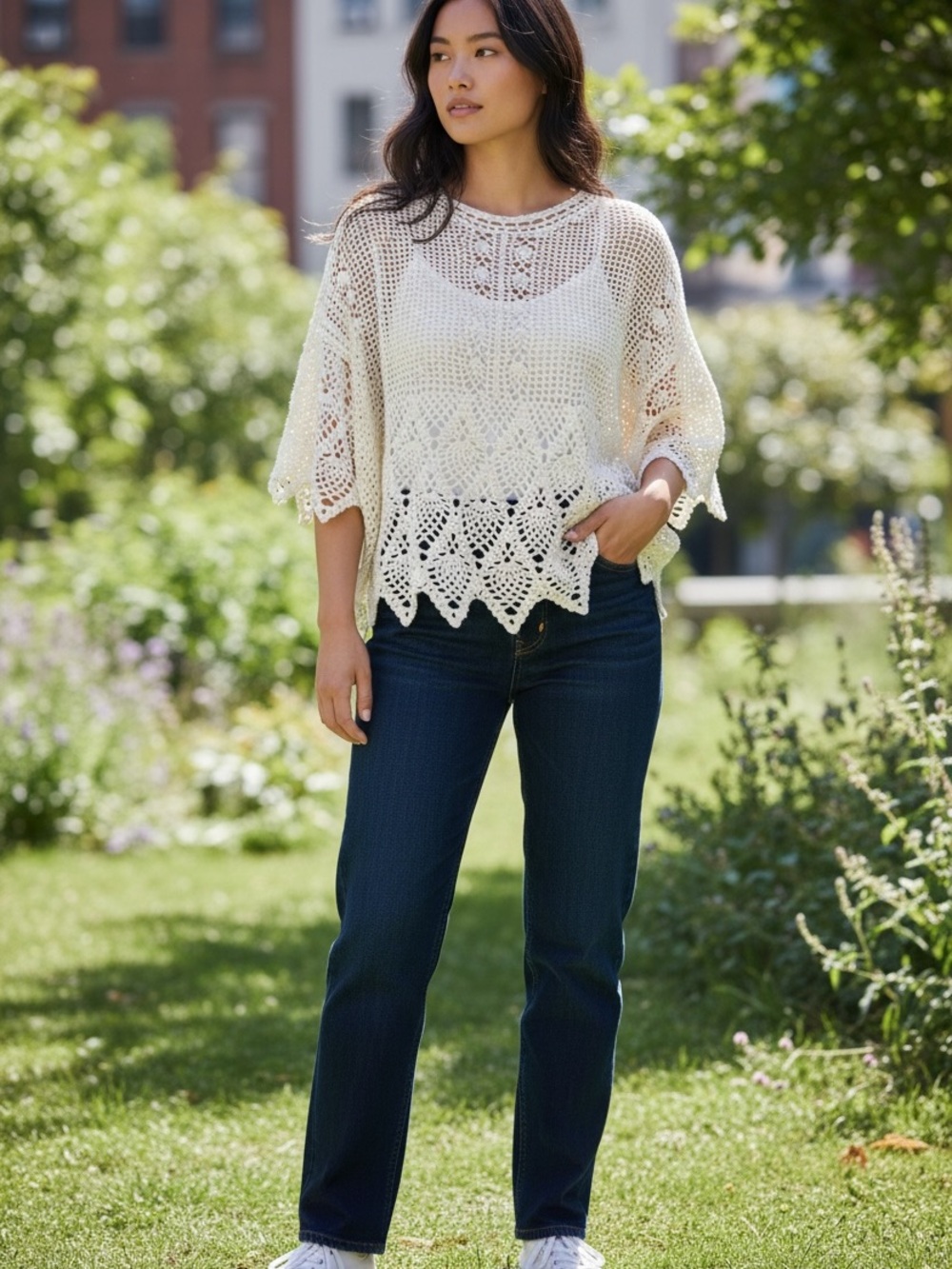 Women's Ivory Crochet Knit Poncho Top